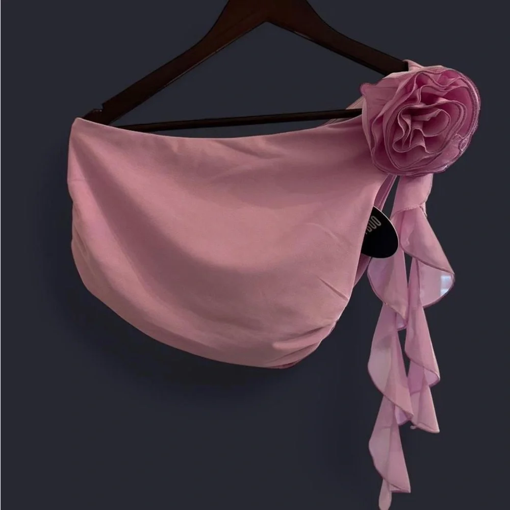 One-Shoulder Pink Ruffle Mini Set with Floral Accent - Picture 7 of 10